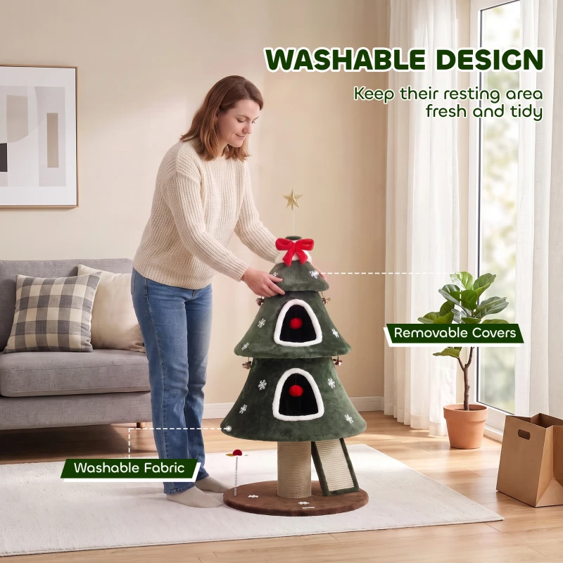PawHut Cat Tree, Christmas Cat Tower with Dual Condos, Sisal Ladder, Jute Posts, Anti-Tip Rope, Hanging Balls, 60 x 60 x 132 cm