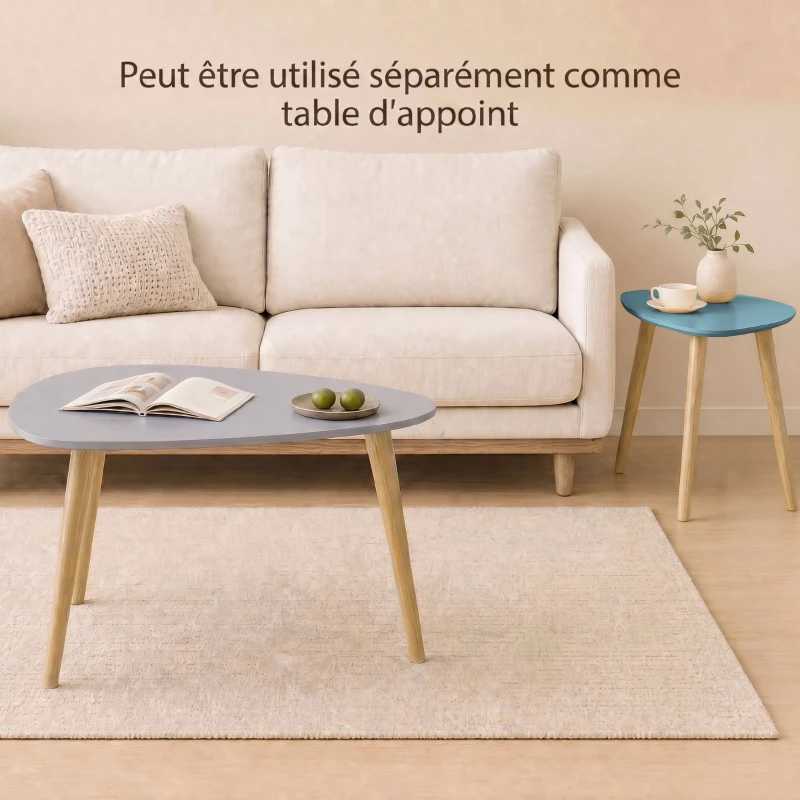 HOMCOM Lot de 2 tables basses gigognes design scandinave pieds en bois et plateau en bois, blanc et bleu