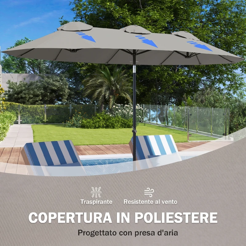 Outsunny Ombrellone Doppio Inclinabile a 45° con Manovella e Prese d'Aria, in Acciaio e Poliestere, 285x147x227 cm, Grigio