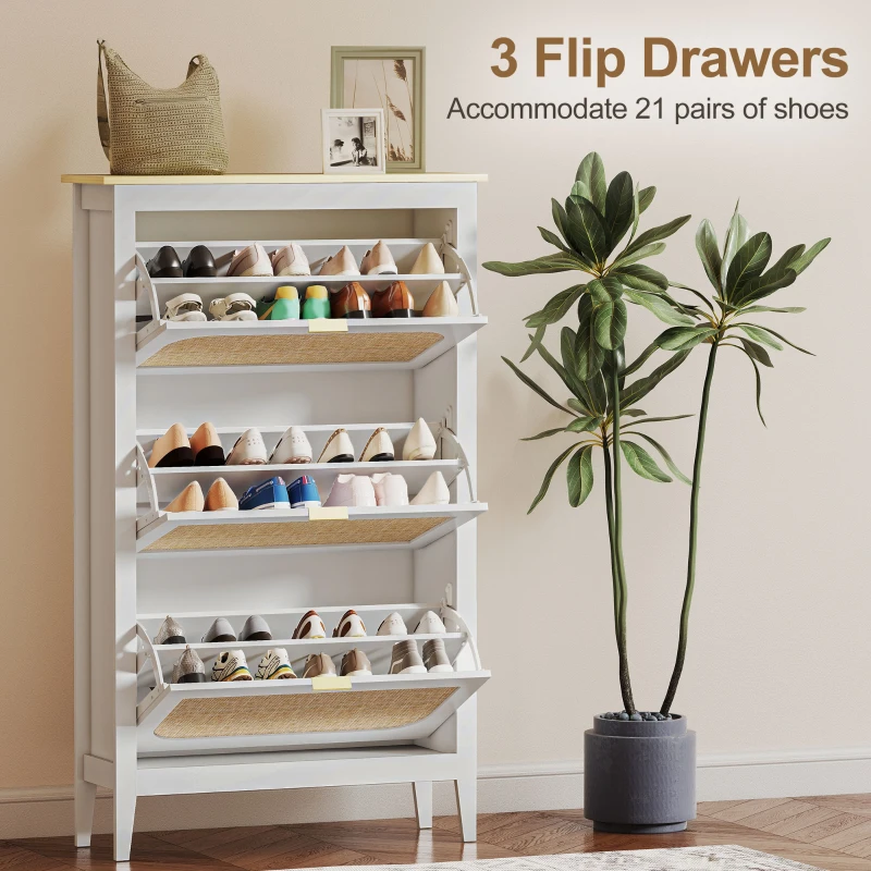 HOMCOM Narrow Shoe Cabinet, Boho Slim Shoe Storage Cabinet with 3 Flip Drawers, Holds 21 Pairs, White