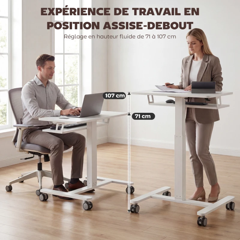 HOMCOM Bureau Assis-Debout Réglable en Hauteur, Bureau Mobile avec Plateau pour Clavier, Roulettes et Cadre en Acier, Blanc