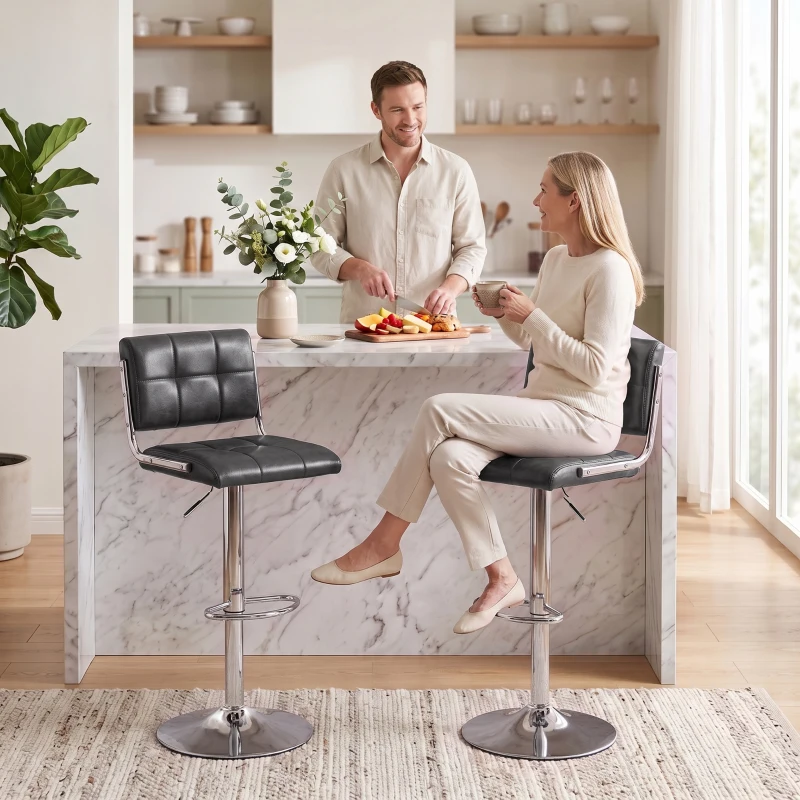 HOMCOM Bar Stools Modern PU Leather Adjustable Breakfast Bar Stools Backrest Set of 2 Grey