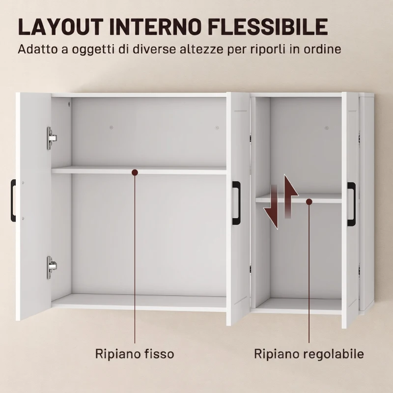 HOMCOM Mobile Bagno da Parete con 3 Ante, Ripiano Regolabile, per Soggiorno e Ingresso, Salvaspazio, 90x30x60 cm, Bianco