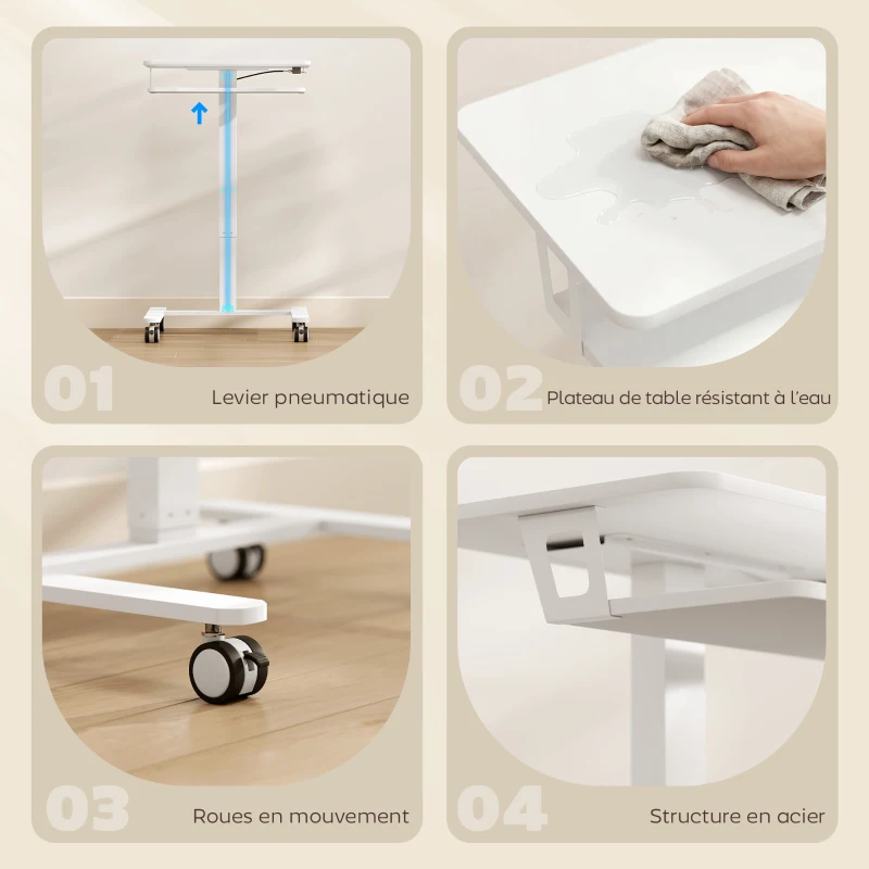 HOMCOM Bureau Assis-Debout Réglable en Hauteur, Bureau Mobile avec Plateau pour Clavier, Roulettes et Cadre en Acier, Blanc