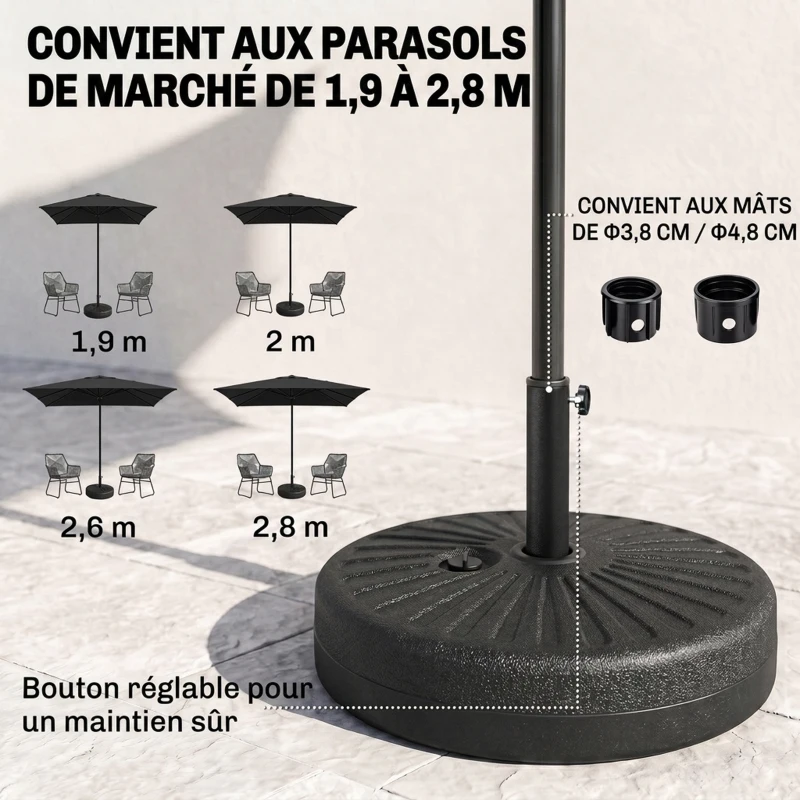 Outsunny Pied de parasol rond socle de parasol base de lestage sable et eau pour parasols Ø 38/48 mm acier HDPE 51L x