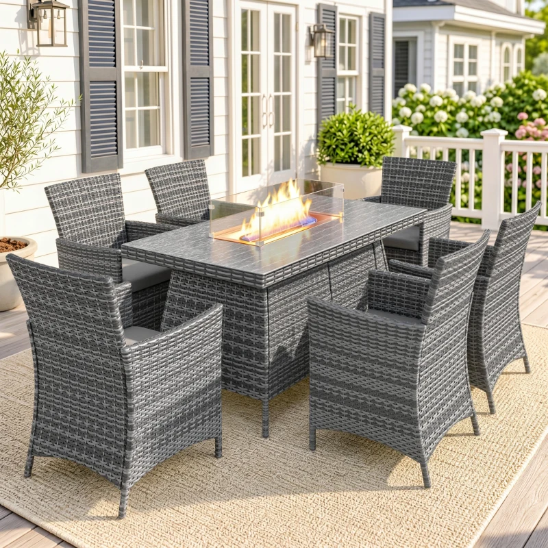 Outsunny 7 Pieces Outdoor Rattan Garden Furniture with Fire Pit Table, 6 Seater Garden Table and Chairs with Cushions, Rattan Dining Set with Propane Heater Table, Windscreen, 50,000 BTU, Grey