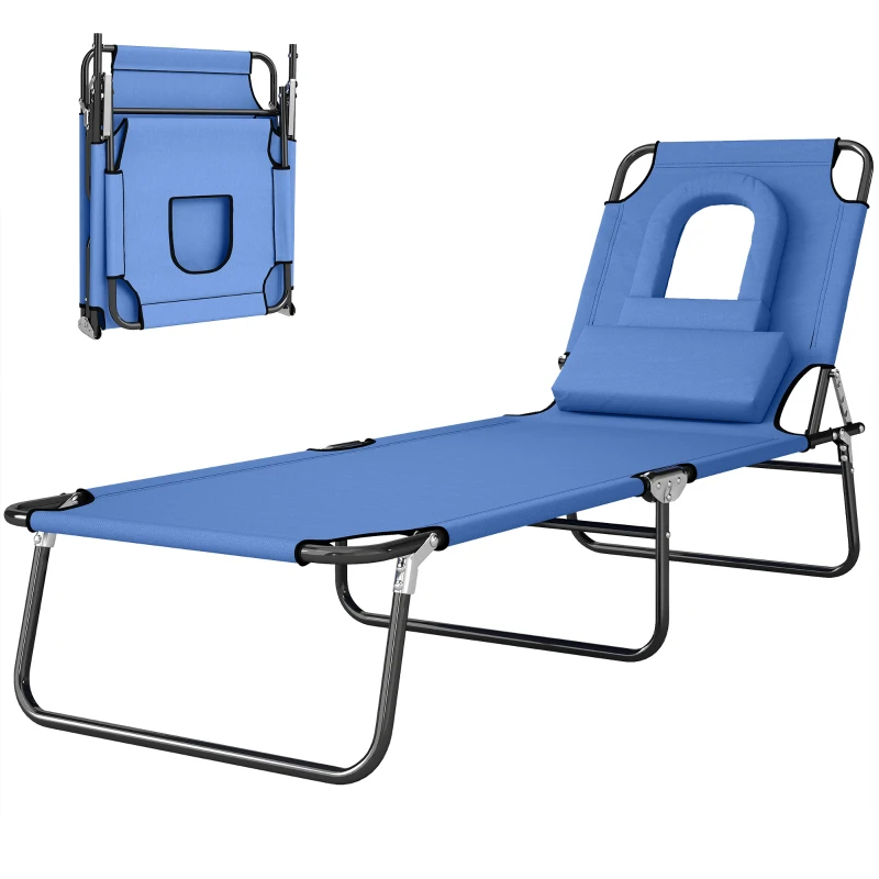 Outsunny Folding Sun Lounger with Face Hole, 4-Position Adjustable Backrest Garden Recliner Chair Sunbed, Outdoor Lounge Chair with 600 D Oxford Cloth Seat, Pillow for Beach, Blue