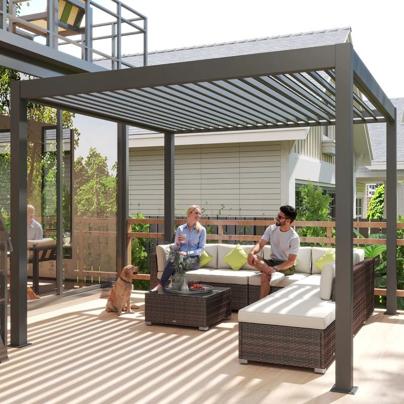 Outsunny 3 x 3(m) Electric Louvered Pergola with LED Lights, Aluminium Pergola Hardtop Gazebo with Remote, Adjustable Roof and Drainage System, Water and UV Proof