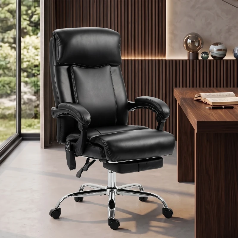 HOMCOM Scaun de birou cu masaj vibrant și încălzire, scaun ergonomic din PU cu înălțime reglabilă, Negru