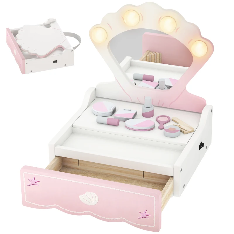 AIYAPLAY Kids Vanity Table, Portable Girls Dressing Table with Lights, Mirror, Drawer, Accessories, Gift for Girls 3-6 Years