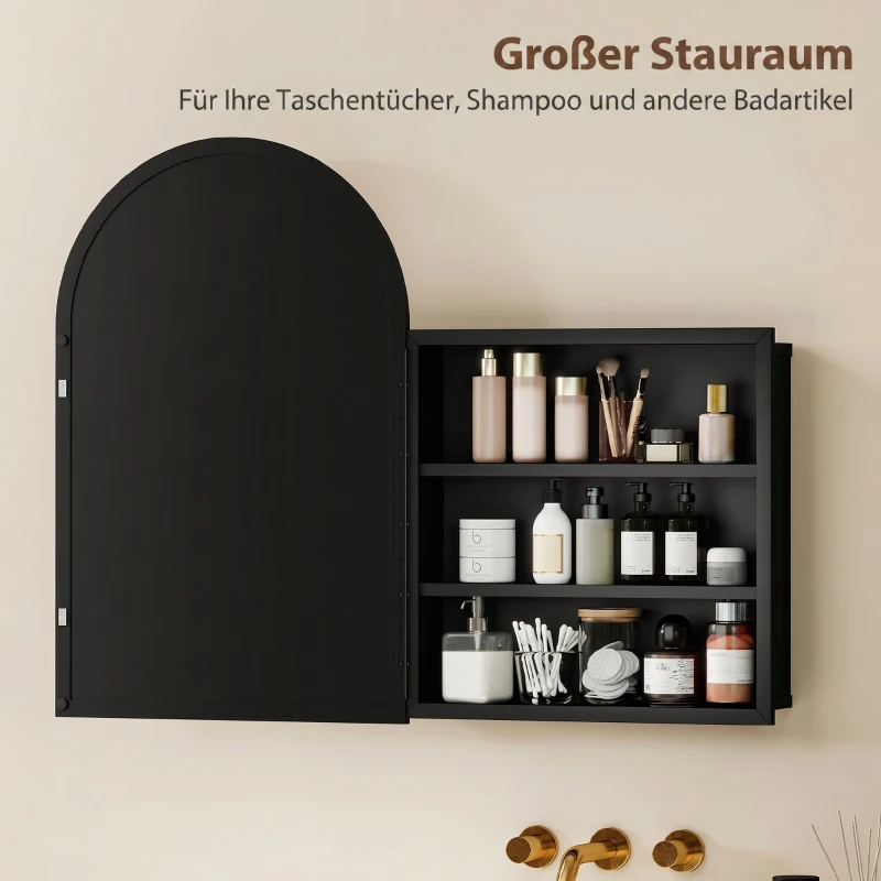 HOMCOM Spiegelschrank Bad Gewölbter Badezimmerschrank mit 180° Tür, 3 Regalen, aus Metall Schwarz 50 x 12 x 76 cm