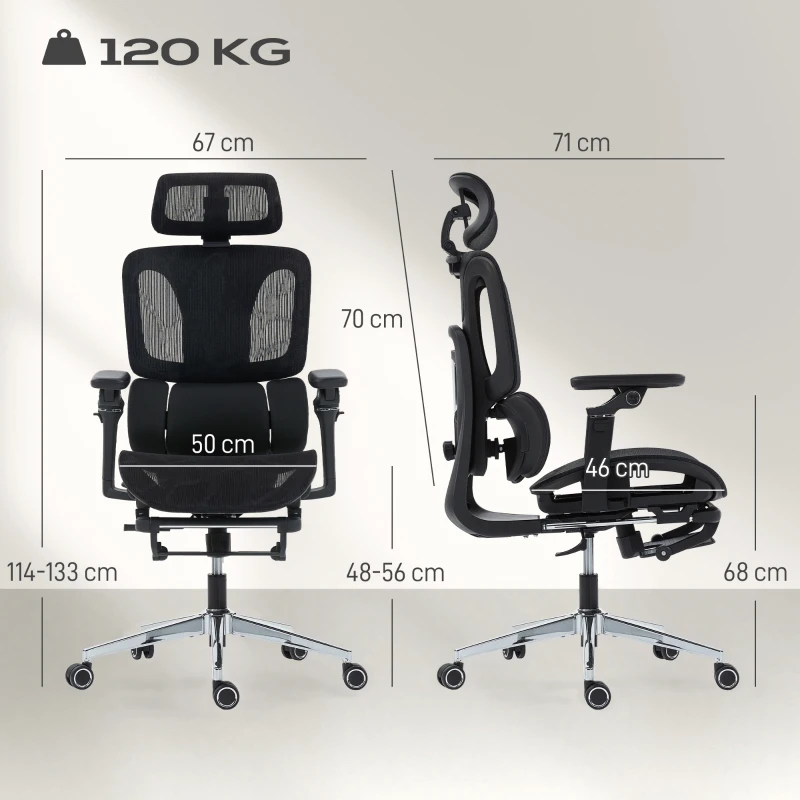 HOMCOM Chaise Bureau Ergonomique avec Accoudoirs 6D, Appui-Tête et Profondeur d'Assise Réglables, 67 x 71 x 133 cm, Noir