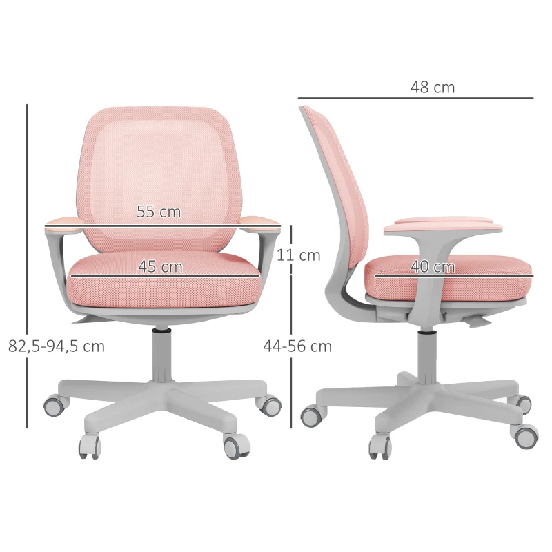 Vinsetto Fauteuil de bureau, chaise de bureau ergonomique en maille, hauteur réglable, 55x48x82,5-94,5cm, rose