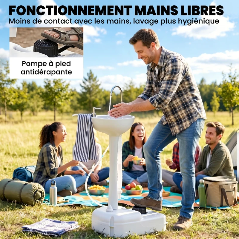 Outsunny Évier de camping portable, lavabo portable pour camping, station lavage avec roues, distributeur de savon gris