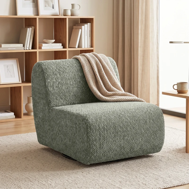 HOMCOM Fauteuil lounge pivotant effet chenille, assise large, pour salon, chambre, gris