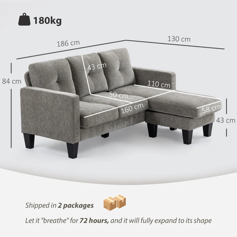 HOMCOM Hoekbank, Hoek-couch met omkeerbare chaiselongue, L-vormige bank, Bekleding in linnenlook, 186 x 130 x 84 cm, Bruin