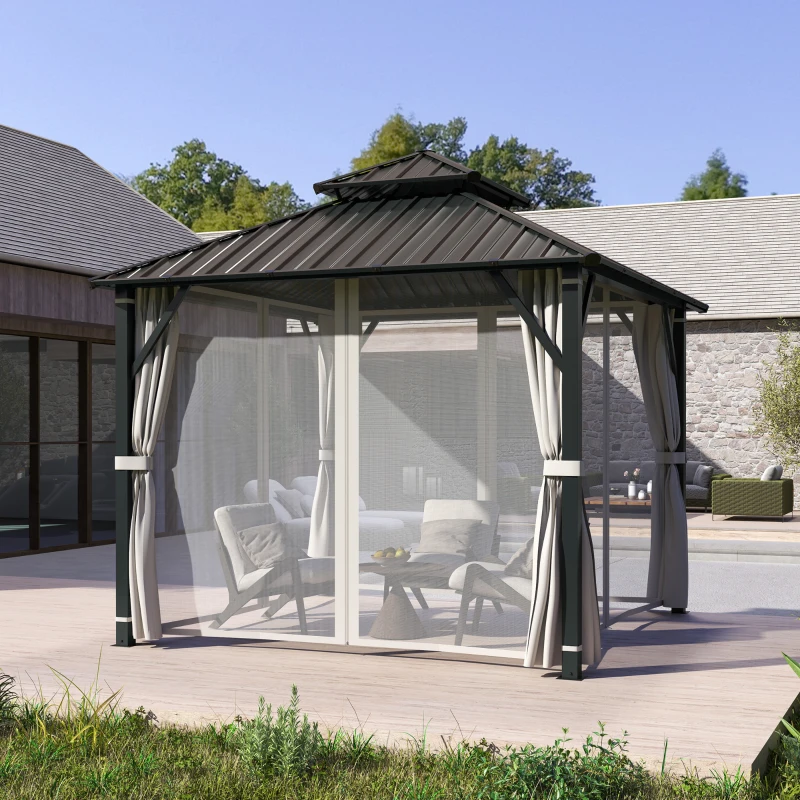 Outsunny 3 x 3(m) Hardtop Gazebo Canopy with Double Metal Roof, Waterproof Permanent Pavilion Garden Gazebo with Netting and Curtains, Easy to Assemble, Beige