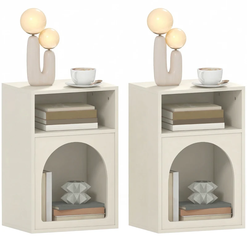 HOMCOM Lot de 2 tables de chevet, table de nuit avec compartiments ouverts, design arqué, 40 x 30 x 60 cm, crème