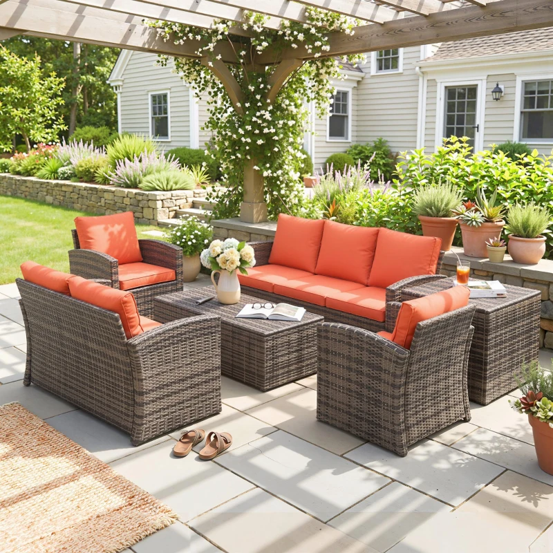 Outsunny 6 Pieces Rattan Garden Furniture Set, 7 Seater Wicker Outdoor Furniture Set with Storage Tea Table & Side Table, Sectional Garden Sofa Set with Cushions, Orange