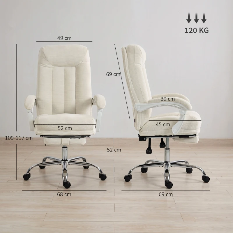 HOMCOM Scaun birou ergonomic, fotoliu înclinat din chenille, înălțime reglabilă, suport pentru picioare, Crem