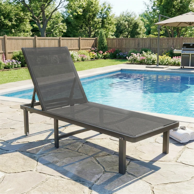 Outsunny Bain de Soleil Transat de Jardin avec Roulettes Inclinable à Plat 4 Positions et Textilène 530g/m² Gris Foncé