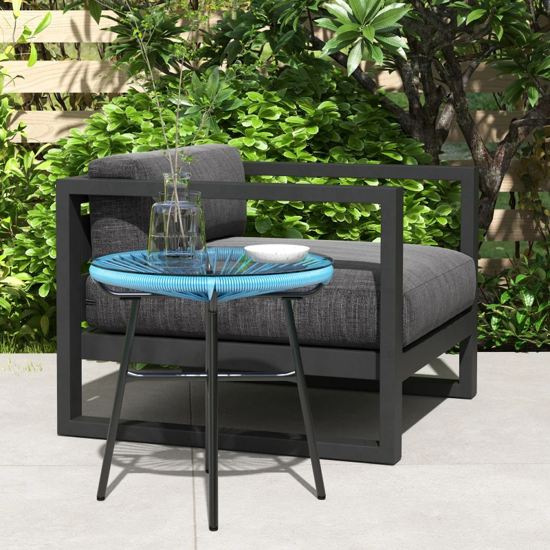 Outsunny Table basse ronde de jardin en résine aspect rotin métal et plateau verre trempé Ø 50 x 50H cm