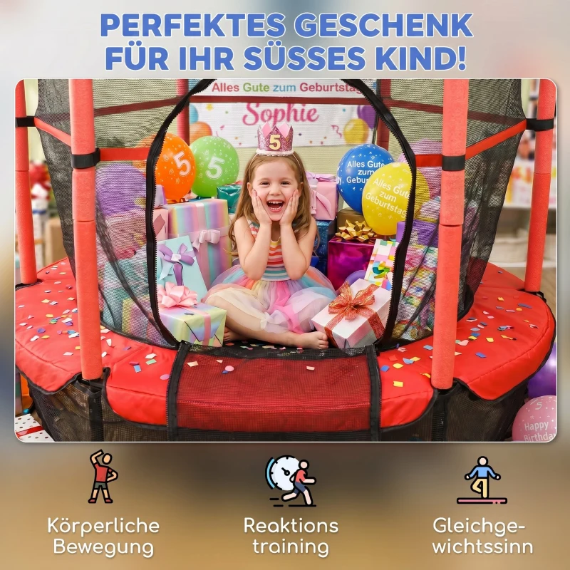 HOMCOM Trampolin für Kinder, Ø163 cm, mit Sicherheitsnetz, für drinnen und draußen, Belastung bis 50 kg, Stahl, Kunststoff, Rot