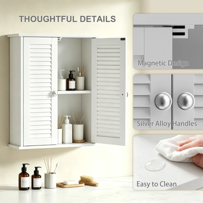 HOMCOM Bathroom Cabinet, Bathroom Wall Cabinet with Louvered Doors and Adjustable Shelf Storage for Kitchen, White