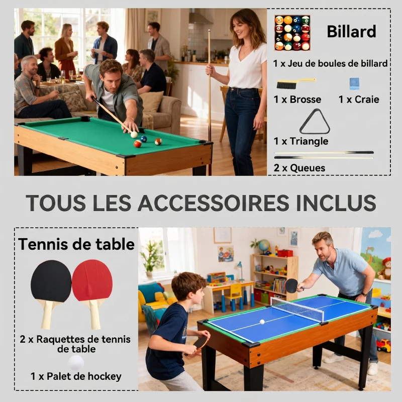 SPORTNOW Table MultiJeux 5 en 1 Babyfoot Billard Air Hockey Ping-Pong et Basket Accessoires 134x108x144cm Marron Noyer