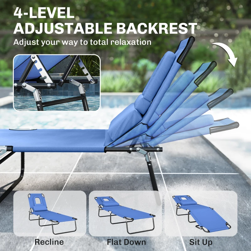 Outsunny Folding Sun Lounger with Face Hole, 4-Position Adjustable Backrest Garden Recliner Chair Sunbed, Outdoor Lounge Chair with 600 D Oxford Cloth Seat, Pillow for Beach, Blue