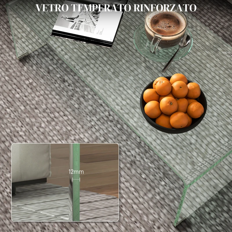 HOMCOM Tavolino in Vetro Temperato Moderno da Salotto con Design Monoblocco, 100x50x35 cm, Trasparente