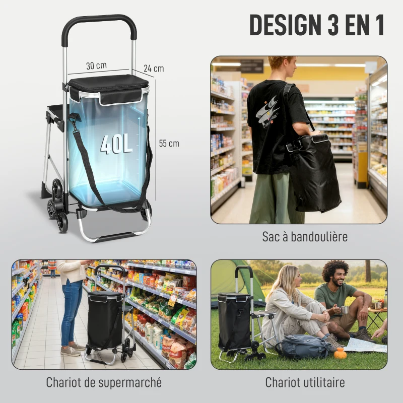 HOMCOM Chariot de courses pliable caddie de courses portable à roulettes avec siège pliable, sac amovible, 46x59,5x97cm, noir