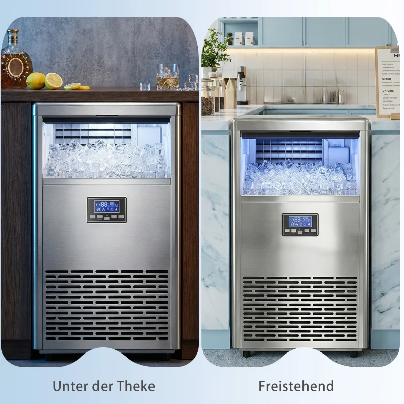 HOMCOM Gewerblicher Eiswürfelbereiter 45 kg/24 Std., Edelstahl, mit 13 kg Speicher, Selbstreinigung, Silber