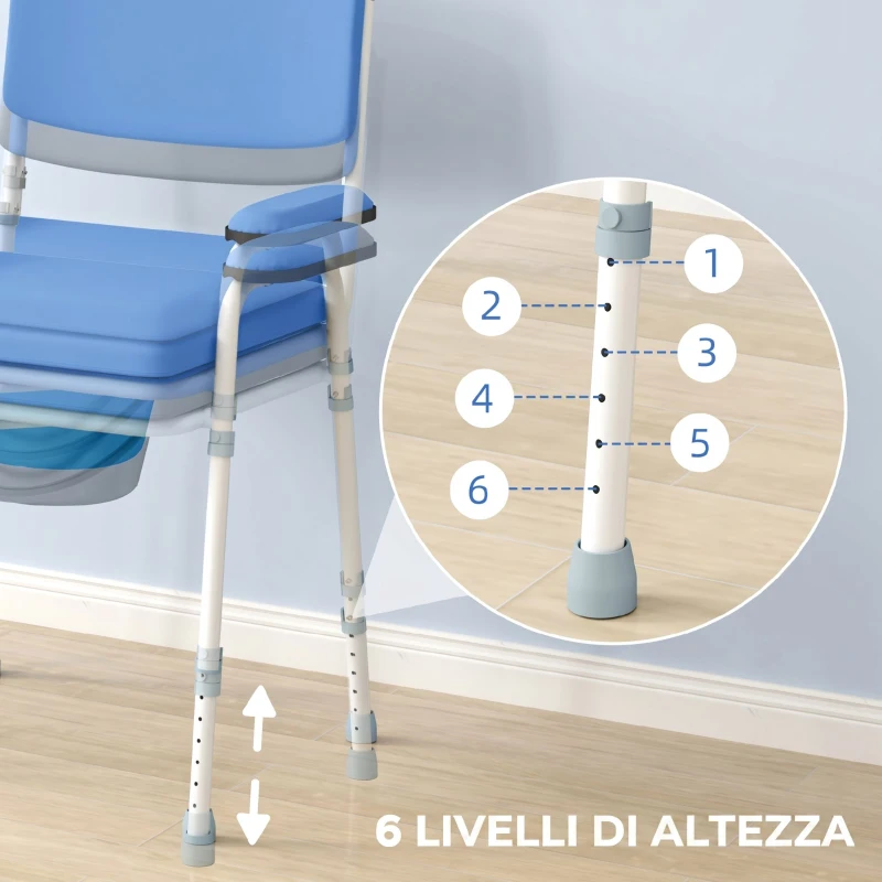 HOMCOM Sedia 5 in 1 per WC e doccia con altezza regolabile e secchio rimovibile, celeste
