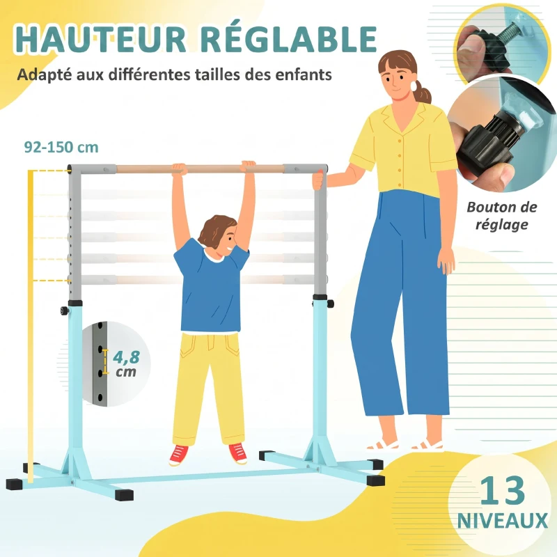 HOMCOM Barre fixe de gymnastique pour enfant, hauteur réglable 13 niveaux de 92-150 cm, en acier et bois en hêtre, cyan