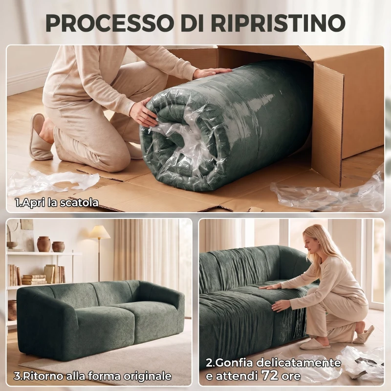 HOMCOM Divano 3 Posti Senza Struttura con Seduta Ampia, Imbottitura Spessa, in Ciniglia, Verde Scuro
