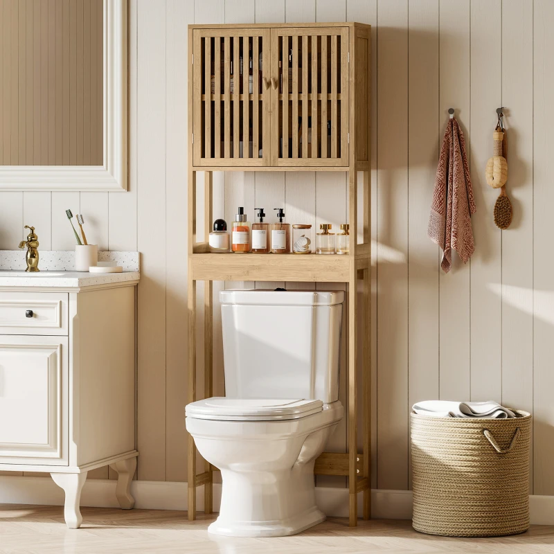 HOMCOM Etajeră pentru toaletă mobilier de baie pentru deasupra toaletei WC cu dulap 2 uși și etajeră deschisă bambus