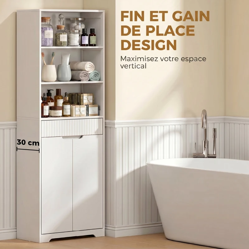 HOMCOM Meuble de salle de bain haut, 2 portes à fermeture douce, tiroir, 3 compartiments ouverts et étagères réglables, blanc