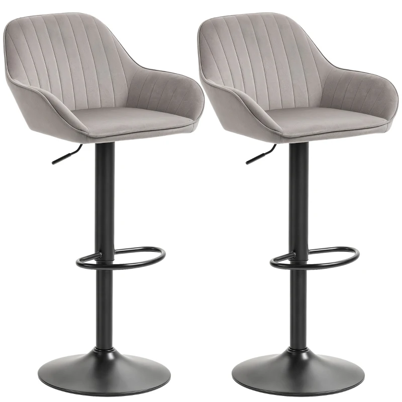 HOMCOM Conjunto de 2 Bancos de Bar Giratórios em Veludo, Altura Ajustável 62-83 cm, com Encosto e Apoio para os Pés, Cinzento