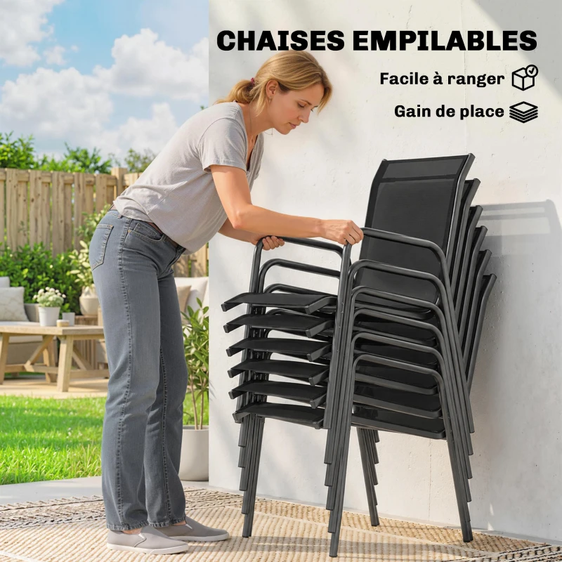 Outsunny Salon de Jardin 6 Personnes Ensemble Table et Chaises Jardin avec Chaises Empilables en Textilène 70x51x87cm Noir