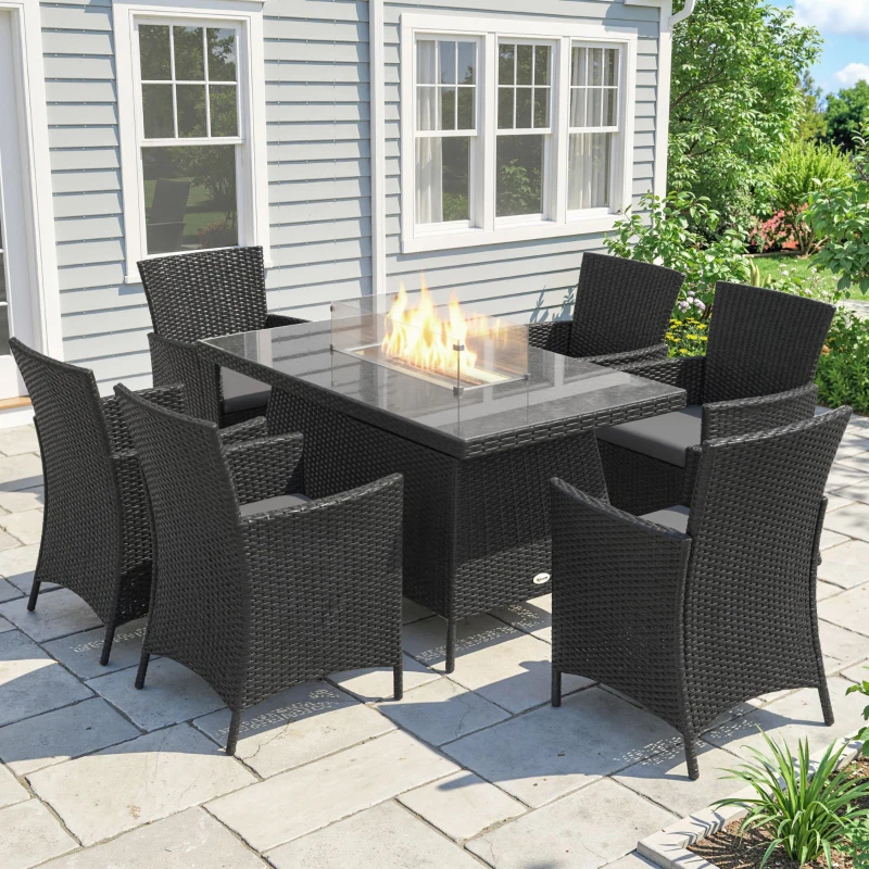 Outsunny 7 Pieces Outdoor Rattan Garden Furniture with Fire Pit Table, 6 Seater Garden Table and Chairs with Cushions, Rattan Dining Set with Propane Heater Table, Windscreen, 50,000 BTU, Black
