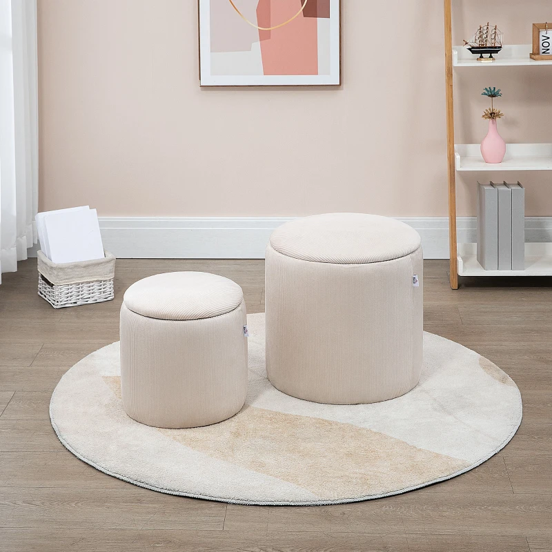 HOMCOM Set di 2 Pouf Contenitore Salvaspazio Rotondi e Imbottiti in Velluto a Coste, Bianco