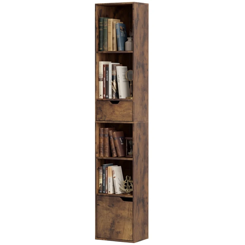 HOMCOM Bücherregal mit 6 Ebenen, 3-stufig verstellbar, mit Schublade, Schranktür, anpassbares Regal, Ausstellungsregal, Braun