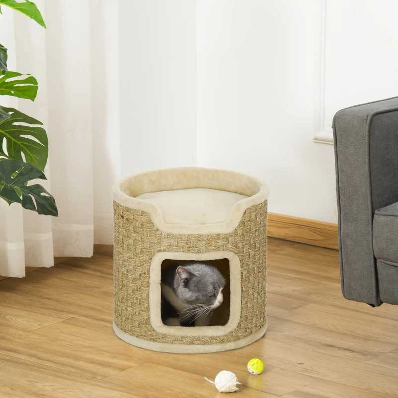 PawHut Tonneau à gratter pour chat, tonneau à chat, recouvert de peluche, capacité de 5 kg, Ø 38 x 37H cm kaki et beige
