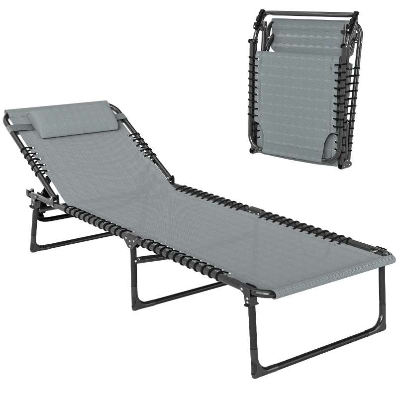 Outsunny Bain de Soleil transat Pliable Dossier inclinable Multi-Positions Acier thermoplastique Lacets élastiques Noir textilène Gris