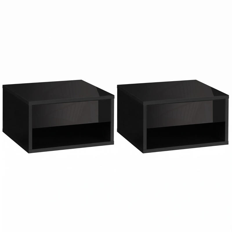 HOMCOM Lot de 2 tables de chevet murales table de nuit tiroir coulissant niche plateau en bois dim. 37L x 32l x 21H cm noir