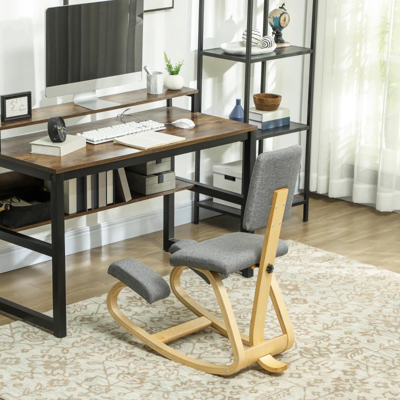 HOMCOM Siège assis genoux, siège ergonomique en bois à bascule avec dossier, chaise à genoux pour bureau à domicile, gris