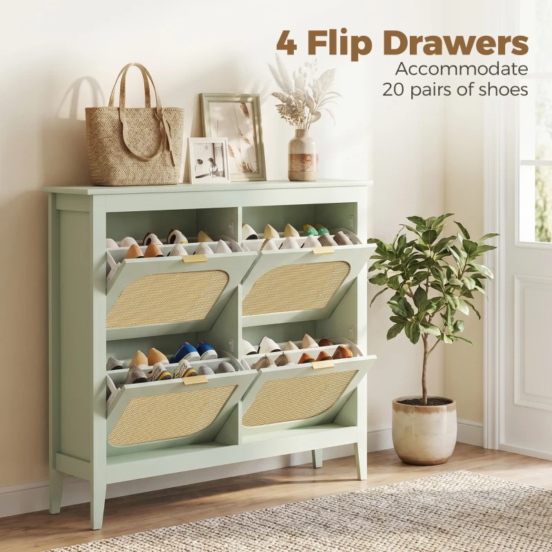 HOMCOM Narrow Shoe Cabinet, Boho Slim Shoe Storage Cabinet with 4 Flip Drawers, Holds 20 Pairs, Light Green