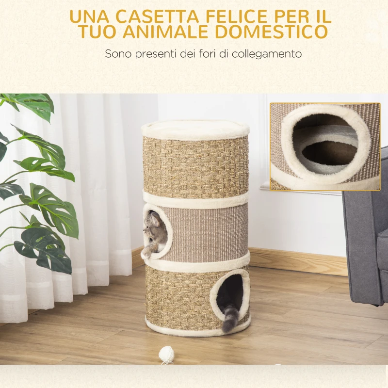 PawHut Casetta per Gatti Tiragraffi a Torre 3 Nicchie Corda in Sisal Alga Marina