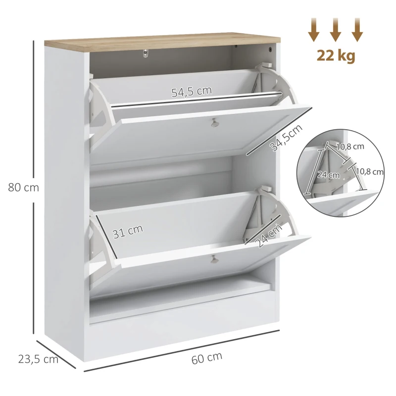 HOMCOM Meuble à chaussures 12 paires, meuble d'entrée avec 2 tiroirs rabattables et étagères réglables, 60 x 23,5 x 80cm, blanc